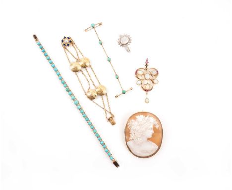 A collection of jewellery, comprising: a Victorian shell cameo brooch depicting a Bacchante mounted in gold, stamped 9ct, len