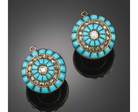 A pair of turquoise and diamond earrings, 19th century and later, each centred with an old cushion-shaped diamond within conc