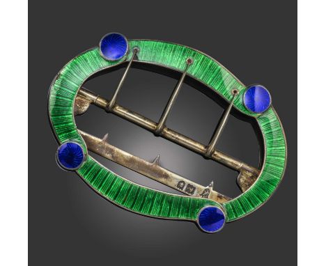 Child & Child, an enamel buckle, circa 1904, decorated with blue and green enamel on silver, maker's mark and London hallmark