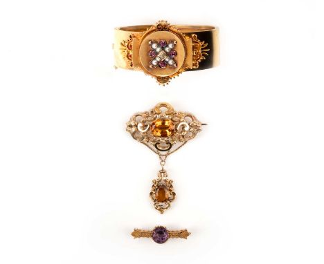 A collection of jewellery, comprising: a Victorian diamond, ruby and pearl bangle, of hinged design in yellow gold, the centr