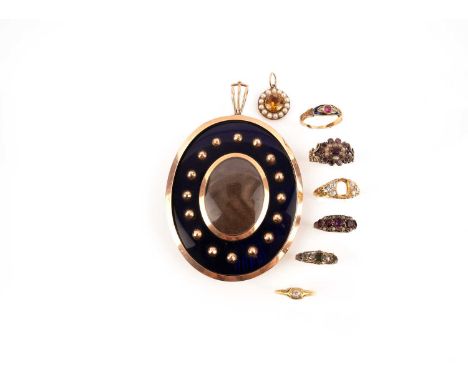 A collection of jewellery, 19th century and later, comprising: a gold and blue enamel portrait miniature frame, length includ