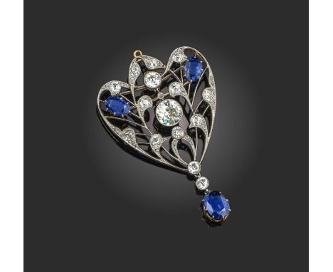 An Art Nouveau sapphire and diamond pendant brooch, set with a central articulated old circular-cut diamond weighing approxim