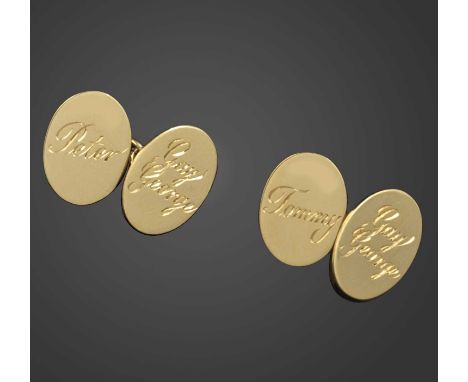 A pair of 18ct gold cufflinks, the oval ends engraved 'Gay George' and 'Tommy' to one cufflink and 'Gay George' and 'Peter' t