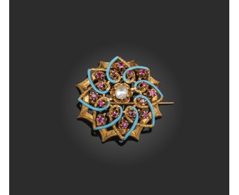 A mid 19th century enamel and gem-set brooch, centred with a pearl within a border of interlocking hearts detailed with blue 