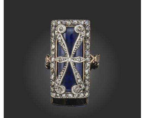 *PLEASE NOTE THIS IS ON A BLUE GLASS GROUND NOT ENAMEL* A late 18th century curved rectangular form ring, set with rose-cut d