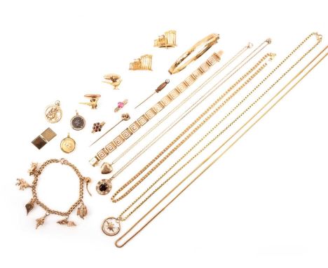A collection of jewellery, comprising: a gold curb link chain necklace, Italian control marks, stamped 375; a gold rope link 