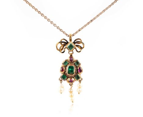 A Renaissance Revival emerald, ruby and pearl pendant, set with a central step-cut emerald surrounded by square-shaped emeral