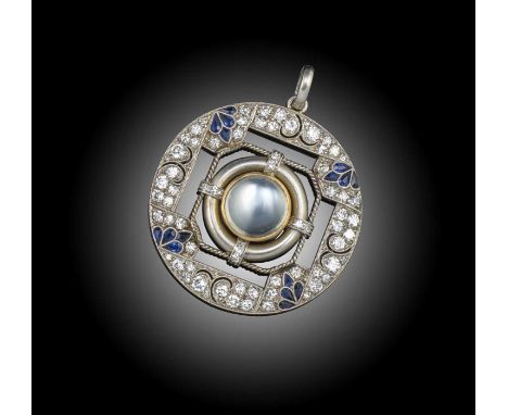 An Art Deco moonstone, sapphire and diamond pendant, circa 1920, centring on a cabochon moonstone within polished platinum su
