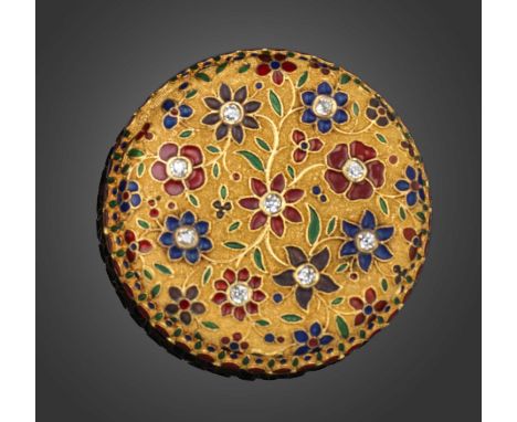 A diamond-set enamel and gold box, of circular design set with old cushion-shaped diamonds within polychrome enamel petals an