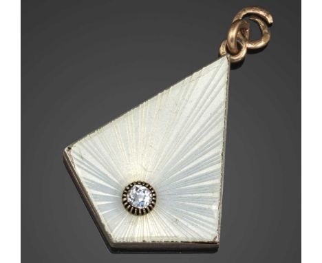 An early-20th century Russian diamond-set lozenge-shaped gold locket pendant, the hinged cover with iridescent oyster guilloc