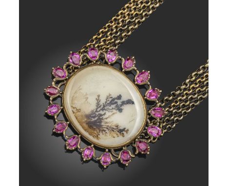A moss agate and ruby necklace, early 19th century and later, the moss agate plaque within a surround of oval rubies in close