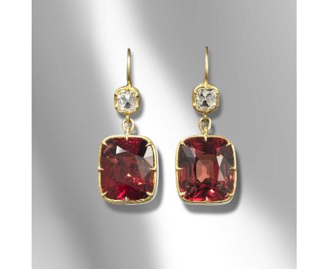 * PLEASE NOTE, THE SPINELS WEIGH A TOTAL OF 14.83CTS* A pair of spinel and diamond earrings, the cushion-shaped spinels weigh
