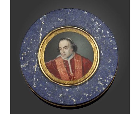 λ λ A 19th century lapis lazuli and gold mounted portrait box, unmarked, probably Italian, the miniature by Ernst von Valenti