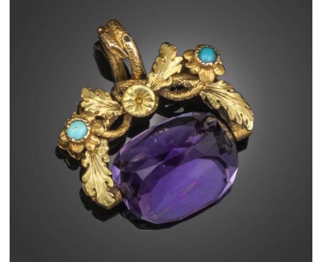 A Regency turquoise and amethyst spinning fob seal, the gold interlocking oak leaves set with turquoise cabochons and a spinn