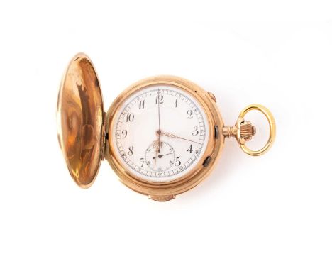 A gold hunting cased 1/4 repeating chronograph pocket watch, subsidiary seconds dial and Arabic numerals, 6cm diameter