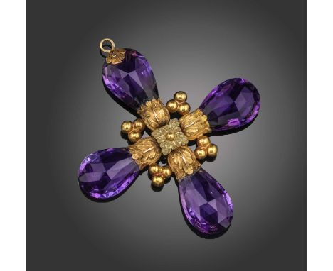 A Regency amethyst and gold cruciform pendant, the four briolette-shaped amethysts centred with textured foliate gold mount, 