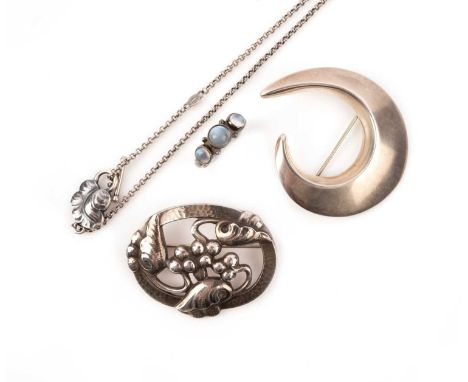 Georg Jensen, four items of silver jewellery, including a silver foliate brooch, signed and numbered 101, length 4.5cm, a moo