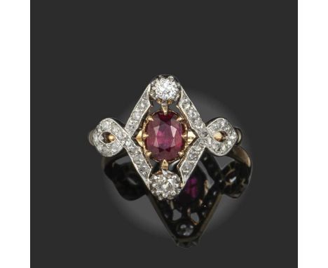 A Belle Epoque ruby and diamond ring, early 20th century, the central cushion-shaped ruby between two old circular-cut diamon