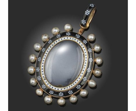 A late Victorian enamel and pearl locket pendant, circa 1879, the frame decorated with black and white enamel within a border