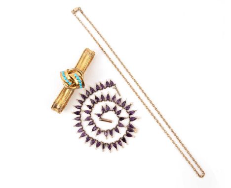 A collection of jewellery, comprising: a 19th-century amethyst and seed pearl fringe necklace, the pear-shaped amethysts susp