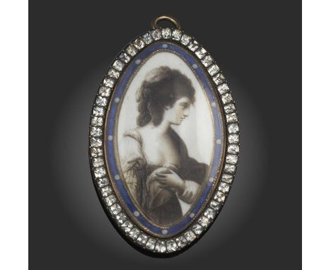 A late 18th century paste and enamel portrait brooch, of navette design, decorated en grisaille with a half-length portrait o