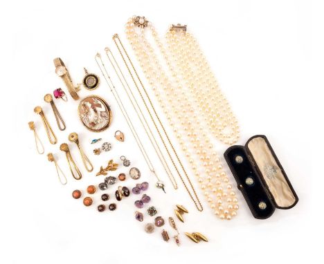 A collection of jewellery, comprising: a two-strand cultured pearl necklace to a gold floral clasp, length 63cm, case; a thre