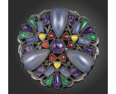 Sibyl Dunlop, an Arts & Crafts multi-gem brooch, circa 1965, in the 'carpet of gems' design, set with amethyst, chrysoprase, 