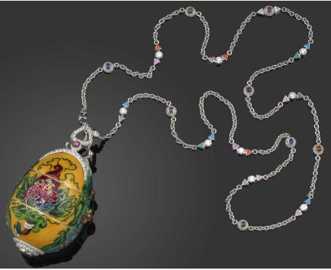 Fabergé, a large modern multi-gem and enamel egg pendant necklace, the pendant designed as an egg, formed of three revolving 
