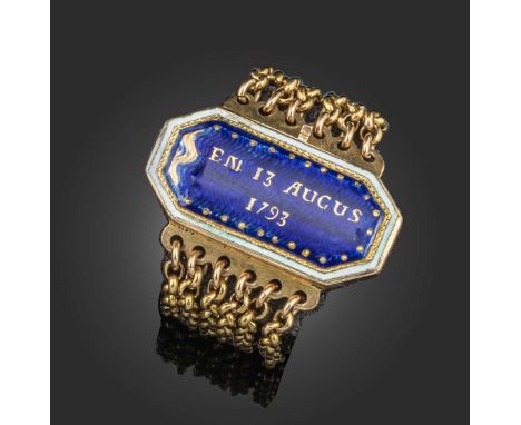A late 18th century Swedish octagonal ring, with the date 13 Augus 1793, in gold on blue guilloché enamel ground with white e