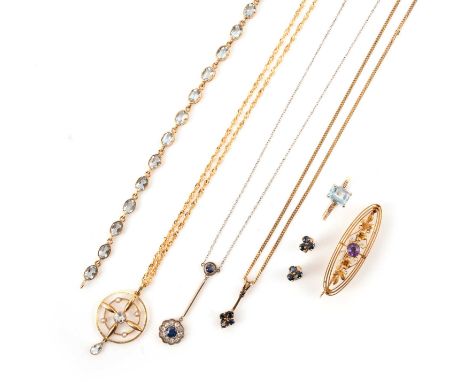 A collection of jewellery, comprising: an aquamarine and 9ct gold line bracelet, Sheffield hallmarks, length 18.5cm, case; an