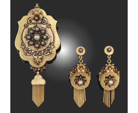 A Swedish 19th century cased demi-parure, comprising a gold brooch, set with a central pearl within rose-cut diamond surround