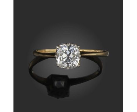 A diamond solitaire ring, the cushion-shaped diamond weighing approximately 1.20cts, claw-set in platinum and gold, shank sta