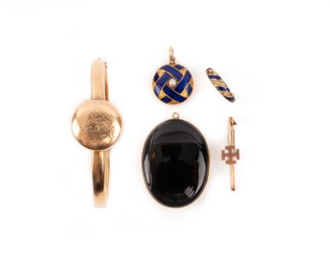 A collection of Victorian jewellery, comprising: a gold bangle of hinged design centring on a locket with a rubbed monogram t