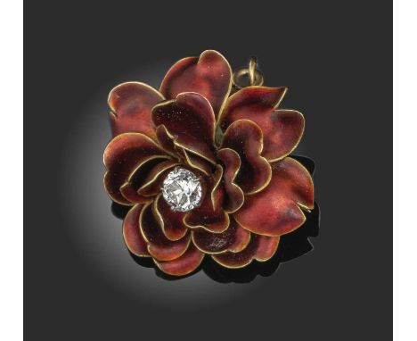 Tiffany &amp; Co., an enamel and diamond brooch pendant, circa 1900, designed as a rose in yellow gold with naturalistic irri