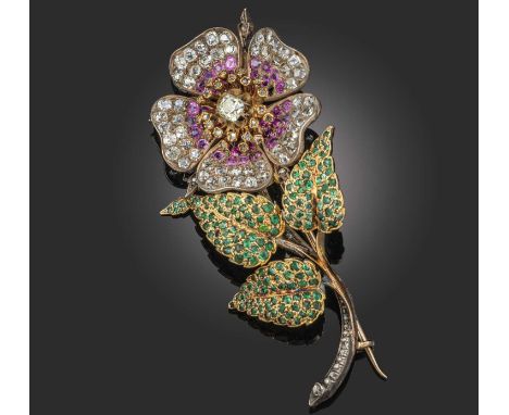 A 19th century ruby, emerald and diamond brooch, designed as a wild rose the flowerhead pavé-set with old cushion-shaped diam