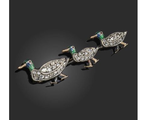 A late 19th century diamond duck brooch, the three graduated ducks with enamel heads and diamond-set bodies in silver and gol
