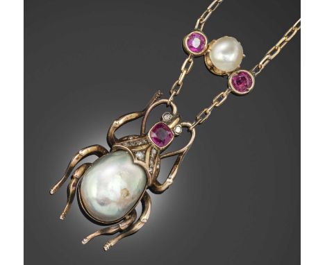 A ruby, pearl and diamond insect pendant necklace, designed as beetle, the body set with a pearl below a cushion-cut ruby to 