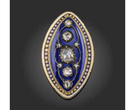 A late 18th century diamond and enamel brooch, of navette design, the central motif with rose-cut diamonds to a blue enamel g