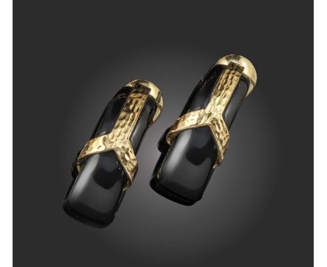 David Webb, a pair of gold and black enamel earrings, of compressed hoop design decorated with black enamel and detailed with