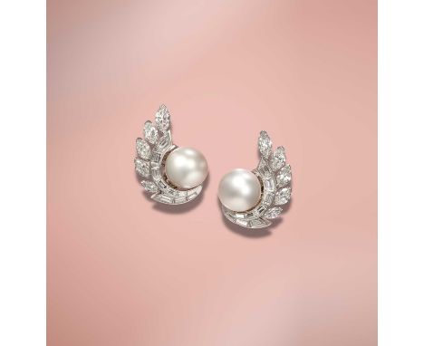 Van Cleef & Arpels, a pair of natural pearl and diamond earrings, circa 1950, each with a button-shaped pearl within a scroll