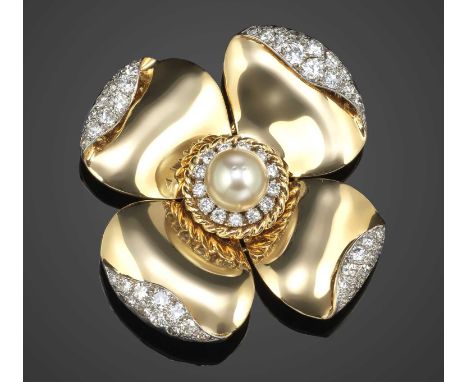 A cultured pearl, diamond and gold flower brooch, the four large gold petals with curling edges pavé-set with graduated round