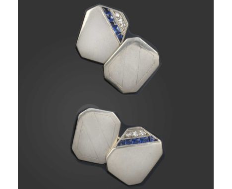 A pair of Art Deco synthetic sapphire and diamond cufflinks, early 20th century, each end of octagonal outline, one end of ea