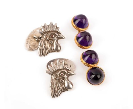 Two pairs of cufflinks, comprising: a pair of amethyst cabochon cufflinks in yellow gold, stamped 18ct, diameter 1.8cm; and a