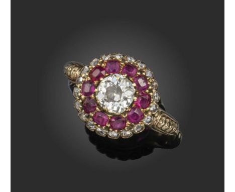 A mid 19th century ruby and diamond cluster ring, the central old cushion-cut diamond framed by concentric bands of old cushi