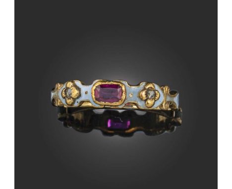 A 19th century ruby and enamel ring, set with a cushion-shaped ruby on pale blue enamel ground and diamond-set forget-me-not 