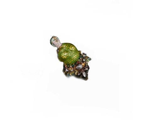 An unusual Renaissance Revival figural enamel and diamond bodice ornament, 19th century composite, possibly intended to resem