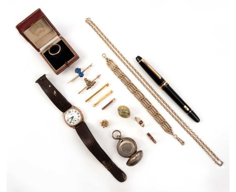 Assorted gem-set jewellery, a wristwatch and a pen, comprising: a ruby and diamond half hoop ring, the cushion-shaped ruby wi