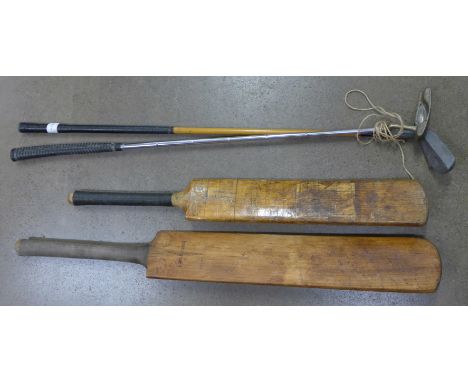 Two cricket bats, Odd & Sons single rubber and a child's Gunn & Moore bat, two putters, Ping A-blade and Mills RNB model (4)