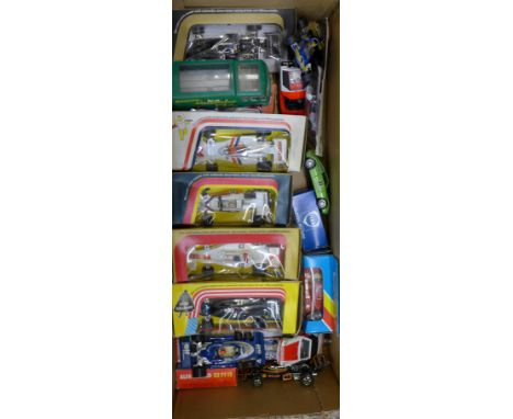 Nineteen model vehicles, all motor racing related including Matchbox transporter, 1960's to 1980's