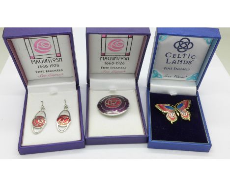 A Rennie Mackintosh Sea Gems enamel brooch and earrings and Sea Gems butterfly brooch